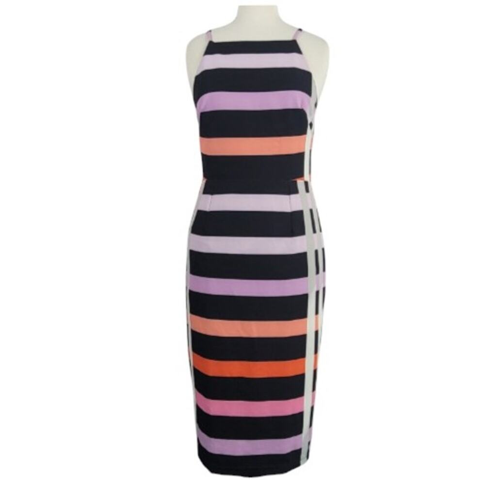 Pasduchas Striped Midi Sheath Dress Pink Black Size 10 AUS 6 US